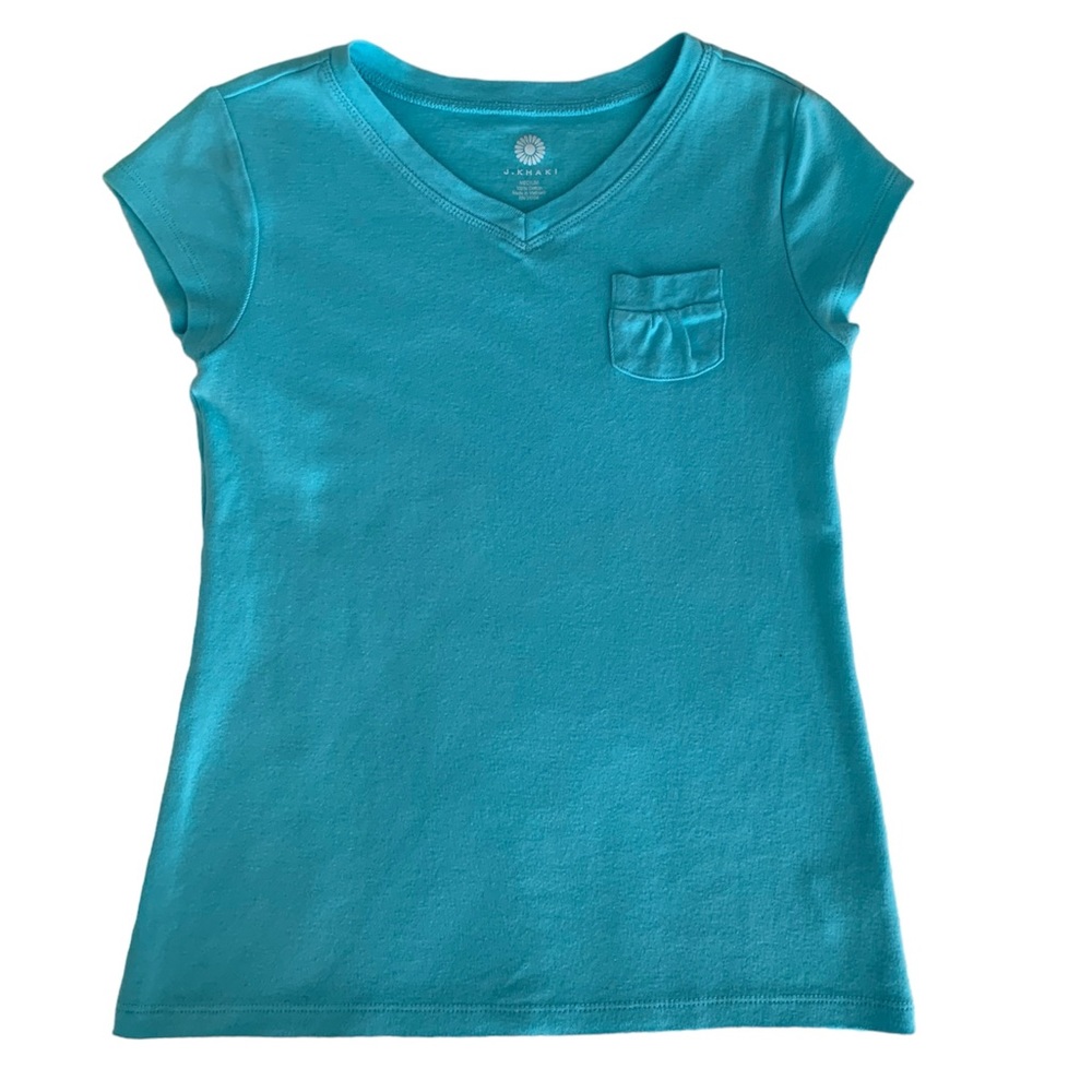 J. Khaki Premium Cotton V-Neck Pocket Tee Blue Girls Size Medium M